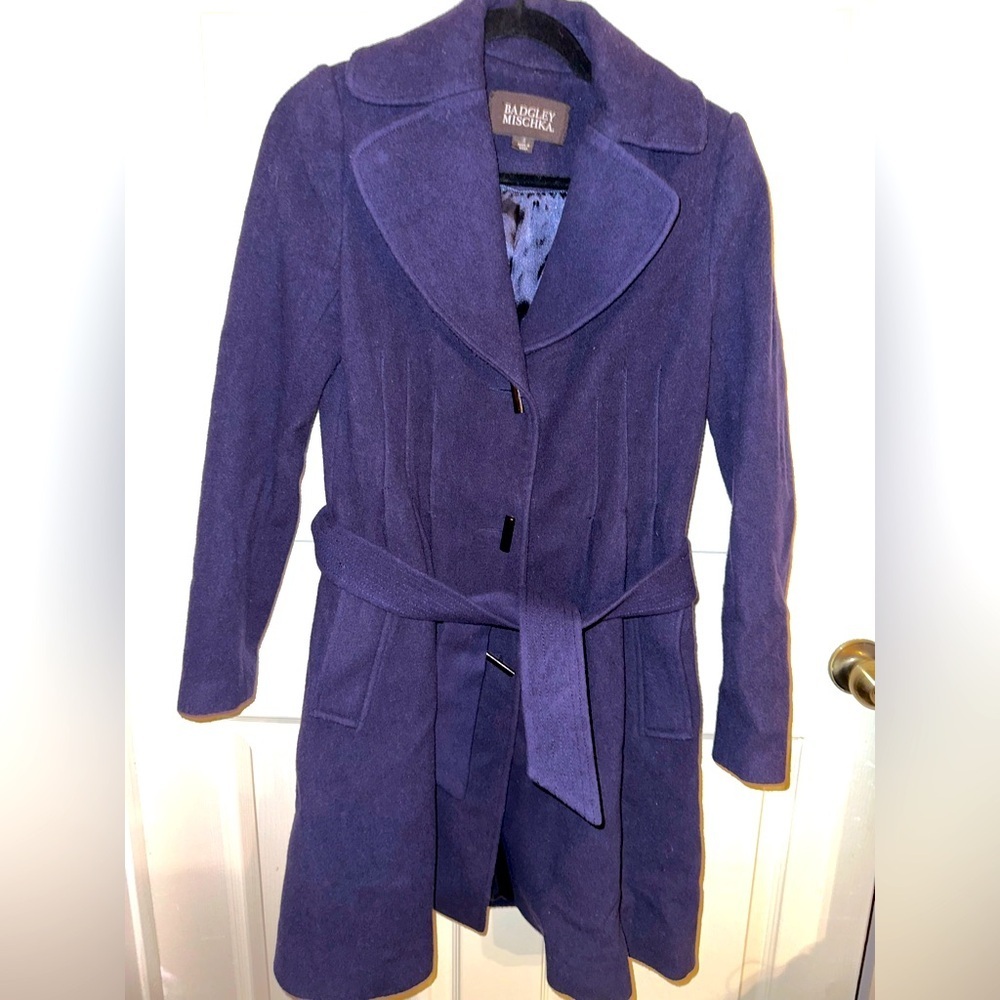 Badgley Mischka navy blue wool Trench Coat S formal winter fall